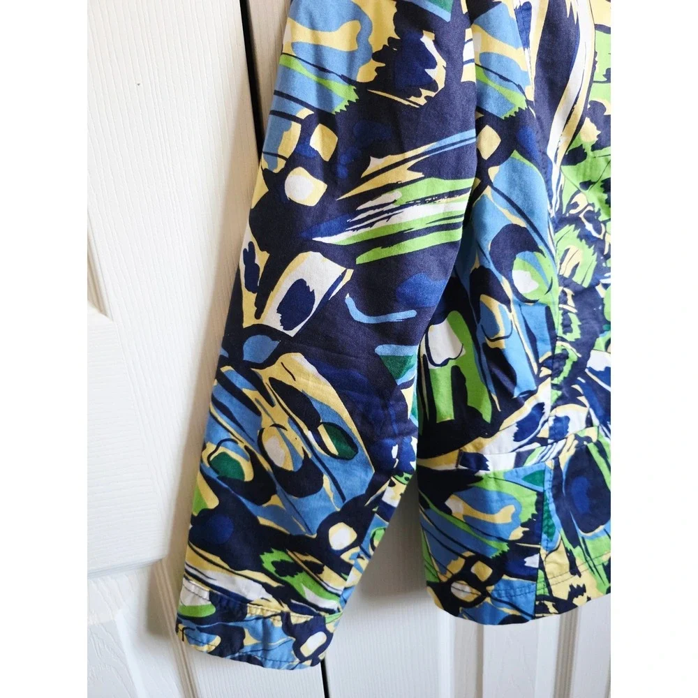 Chico's 1 Butterfly Print Button Front Jacket Blue Green Yellow Medium‎ NWOT